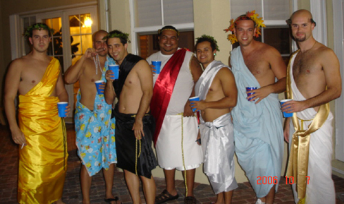 A typical attendee in a make-shift 'toga'A popular fad on college and university campuses in the United States and Canada, a toga party is a particular kind of costume party in which everyone wears a toga, or a semblance thereof, normally made from a bed sheet, and sandals. Toga parties were depicted in the 1978 film Animal House, which propelled the ritual into a widespread and enduring practice. Ivan Reitman was one of the producers of Animal House, who attended McMaster University and stayed in Whidden Hall, which is reputed to be the origin to the toga party. 